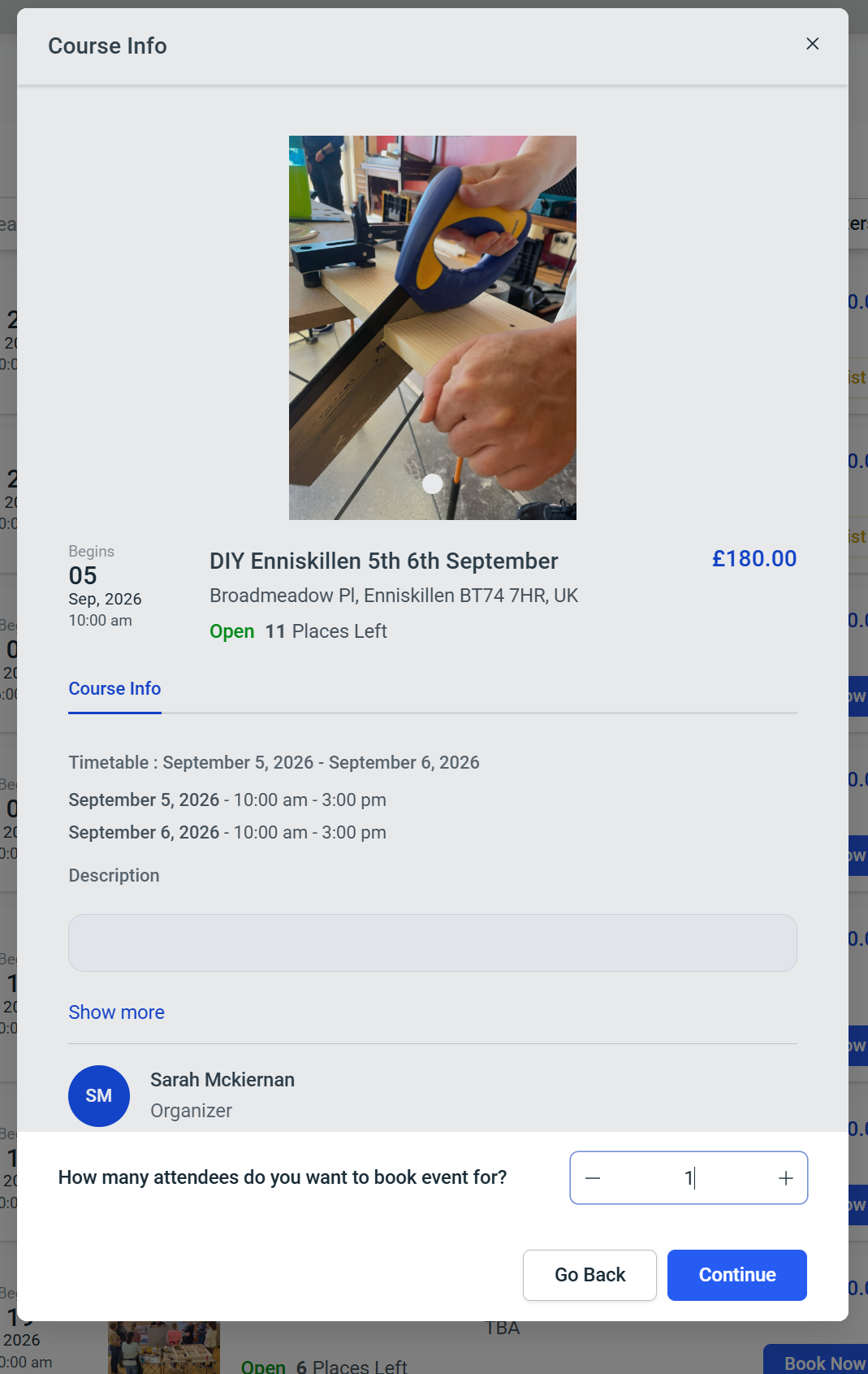 Building It Better NI course list showing search filters and Book Now