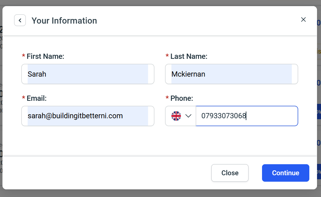 Building It Better NI course booking showing course information and number of attendees